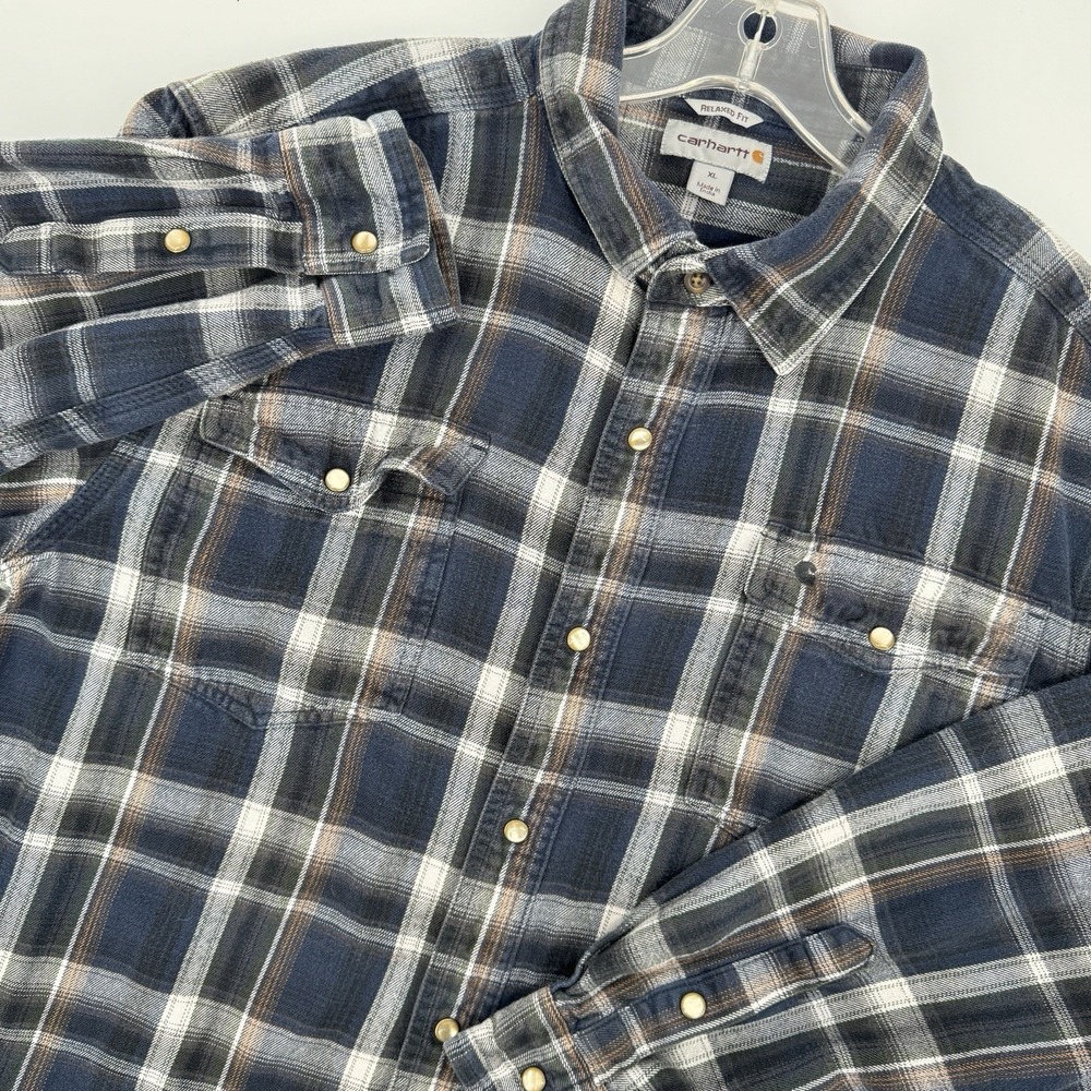 Carhartt Men's XL Relaxed Fit Plaid Flannel Shirt Navy Snap Front Workwear Ranch